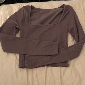 Square Neck Ribbed Long Sleeve Top - Mauve